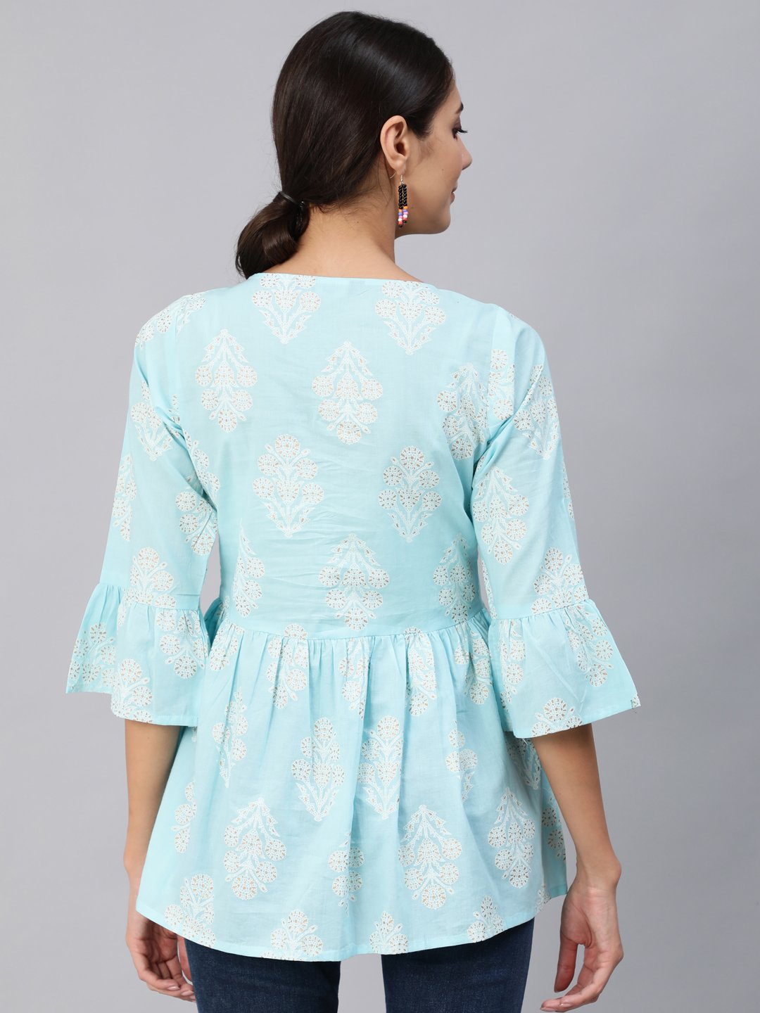 Women Blue & Gold Printed Top With Three Quarter Flared Sleeves | LASVINI - Redefining Indian Fashion with Elegance