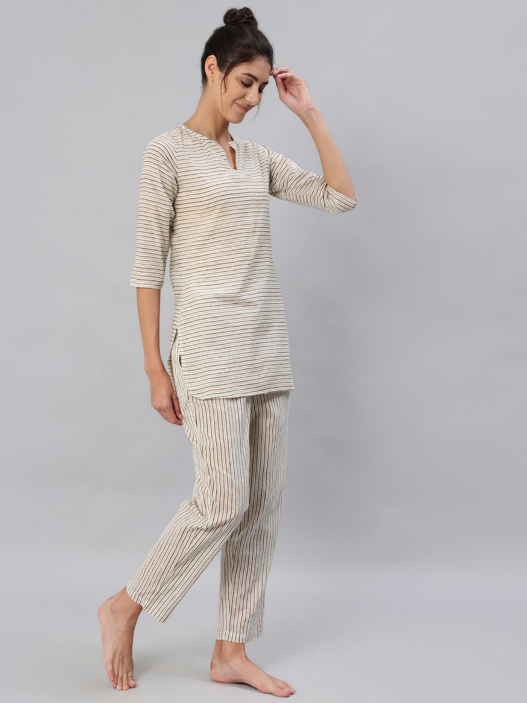 Women Brown & Off-White Striped Printed Night Suit Set | LASVINI - Redefining Indian Fashion with Elegance