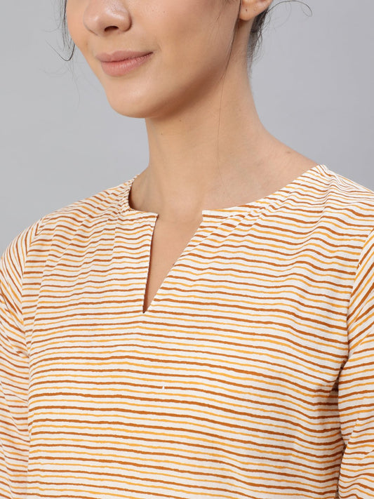 Women Mustard & Off-White Striped Night Suit Set | LASVINI - Redefining Indian Fashion with Elegance