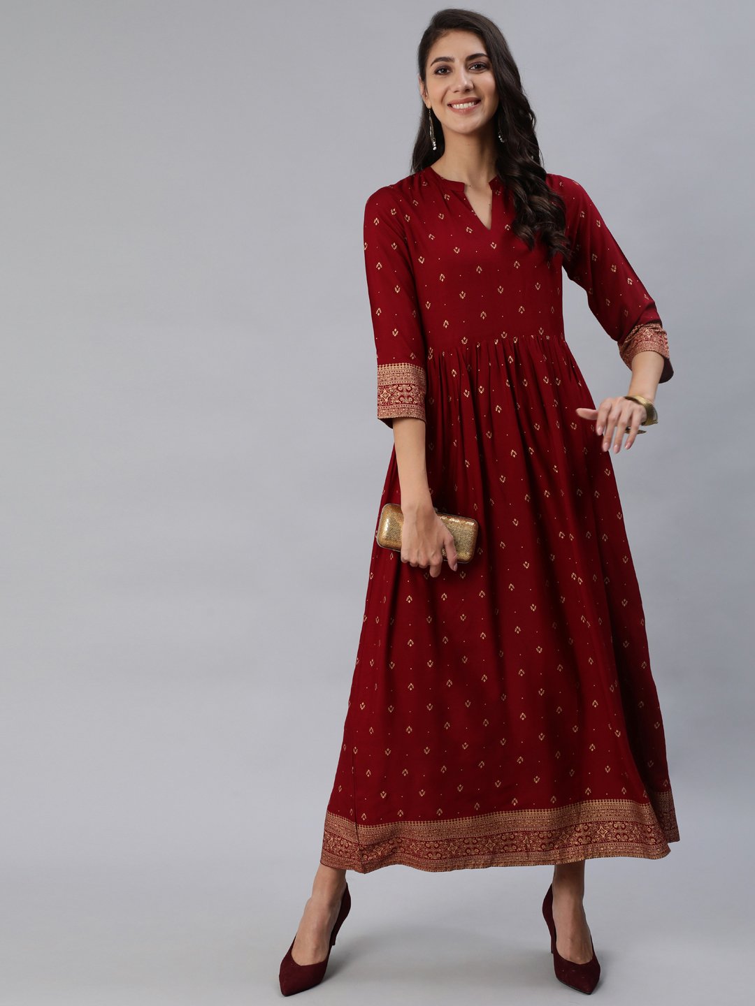 Women Maroon & Gold Printed Maxi Dress With Three Quarter Sleeves | LASVINI - Redefining Indian Fashion with Elegance