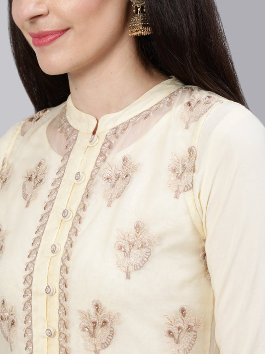 Women Cream Embroidered Flared Kurta With Jacket,Plazo & Dupatta | LASVINI - Redefining Indian Fashion with Elegance