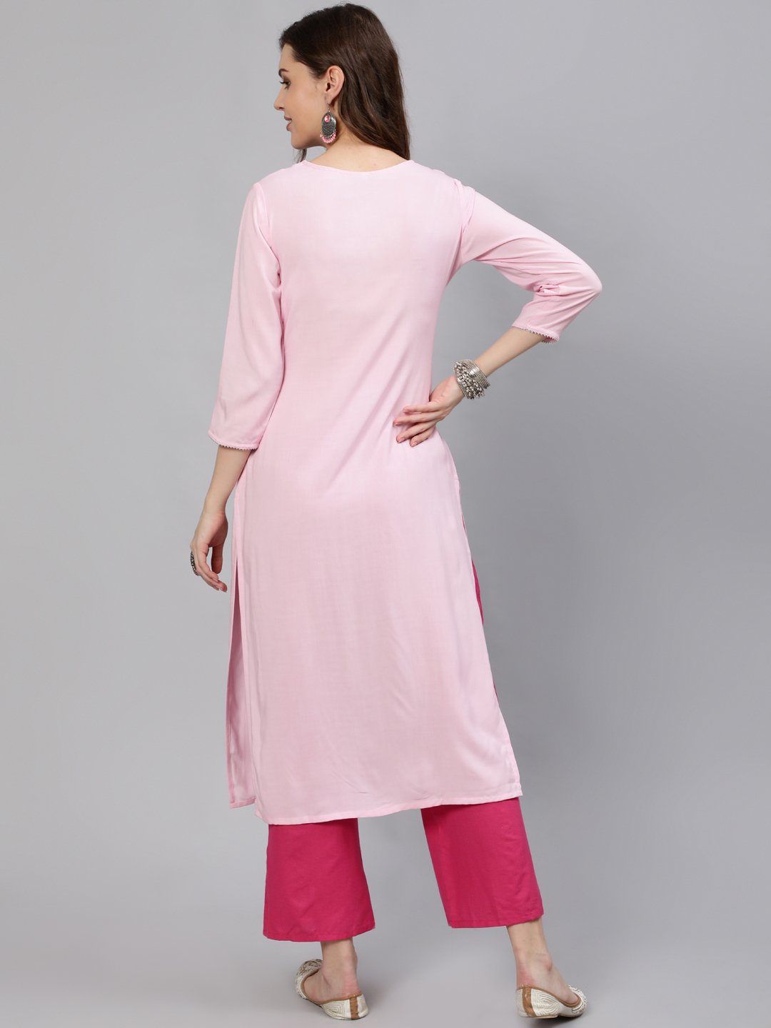 Women Pink Embroidered Straight Kurta With Three Quarter Sleeves | LASVINI - Redefining Indian Fashion with Elegance