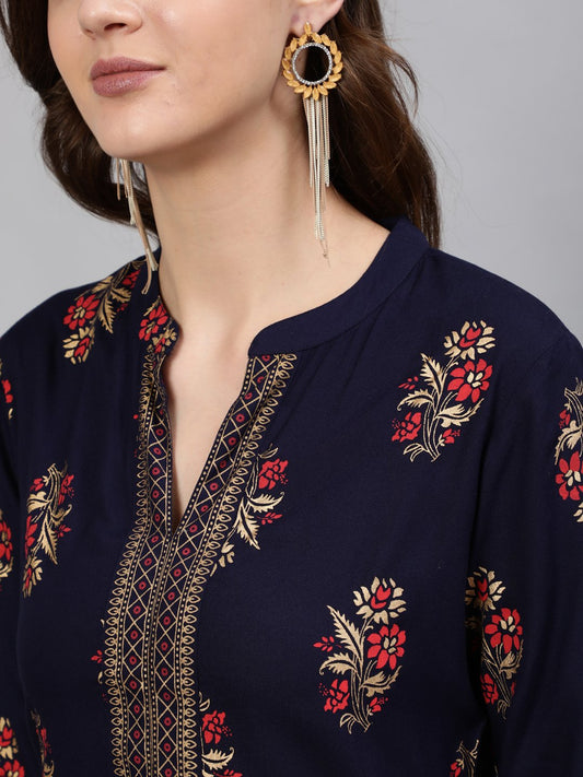 Women Navy Blue Straight Kurta With Three Quarter Sleeves | LASVINI - Redefining Indian Fashion with Elegance