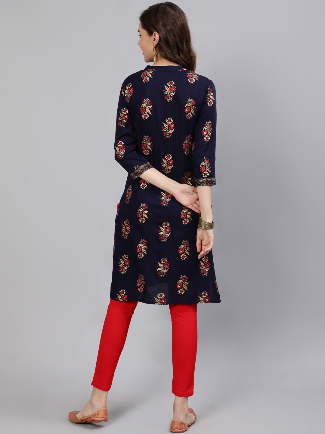 Women Navy Blue Straight Kurta With Three Quarter Sleeves | LASVINI - Redefining Indian Fashion with Elegance