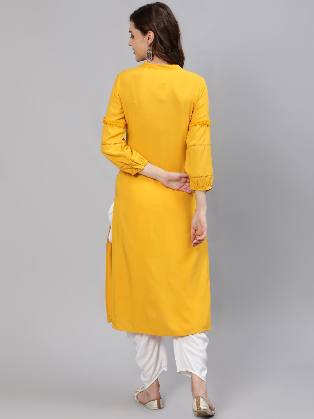 Women Mustard Embroidered Straight Kurta With Three Quarter Sleeves | LASVINI - Redefining Indian Fashion with Elegance