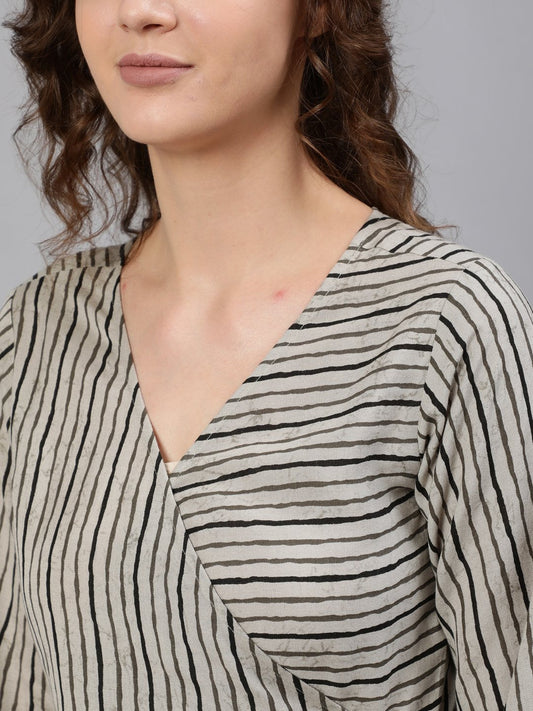 Women Grey Striped Wrap Round Night Suit | LASVINI - Redefining Indian Fashion with Elegance