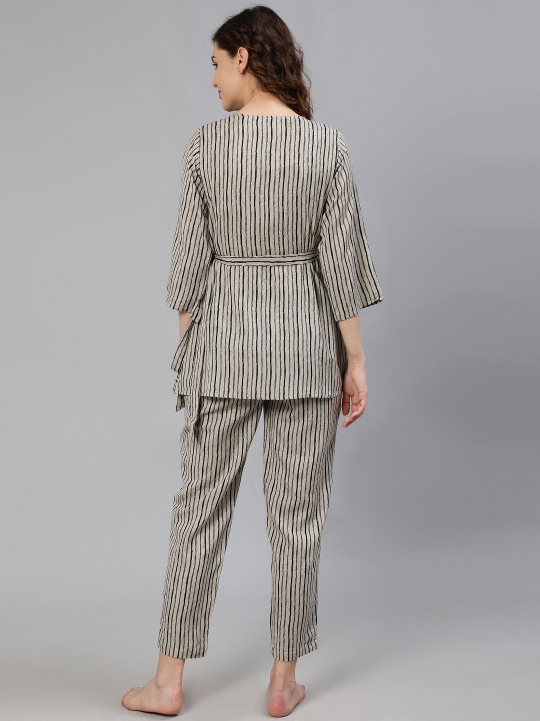 Women Grey Striped Wrap Round Night Suit | LASVINI - Redefining Indian Fashion with Elegance
