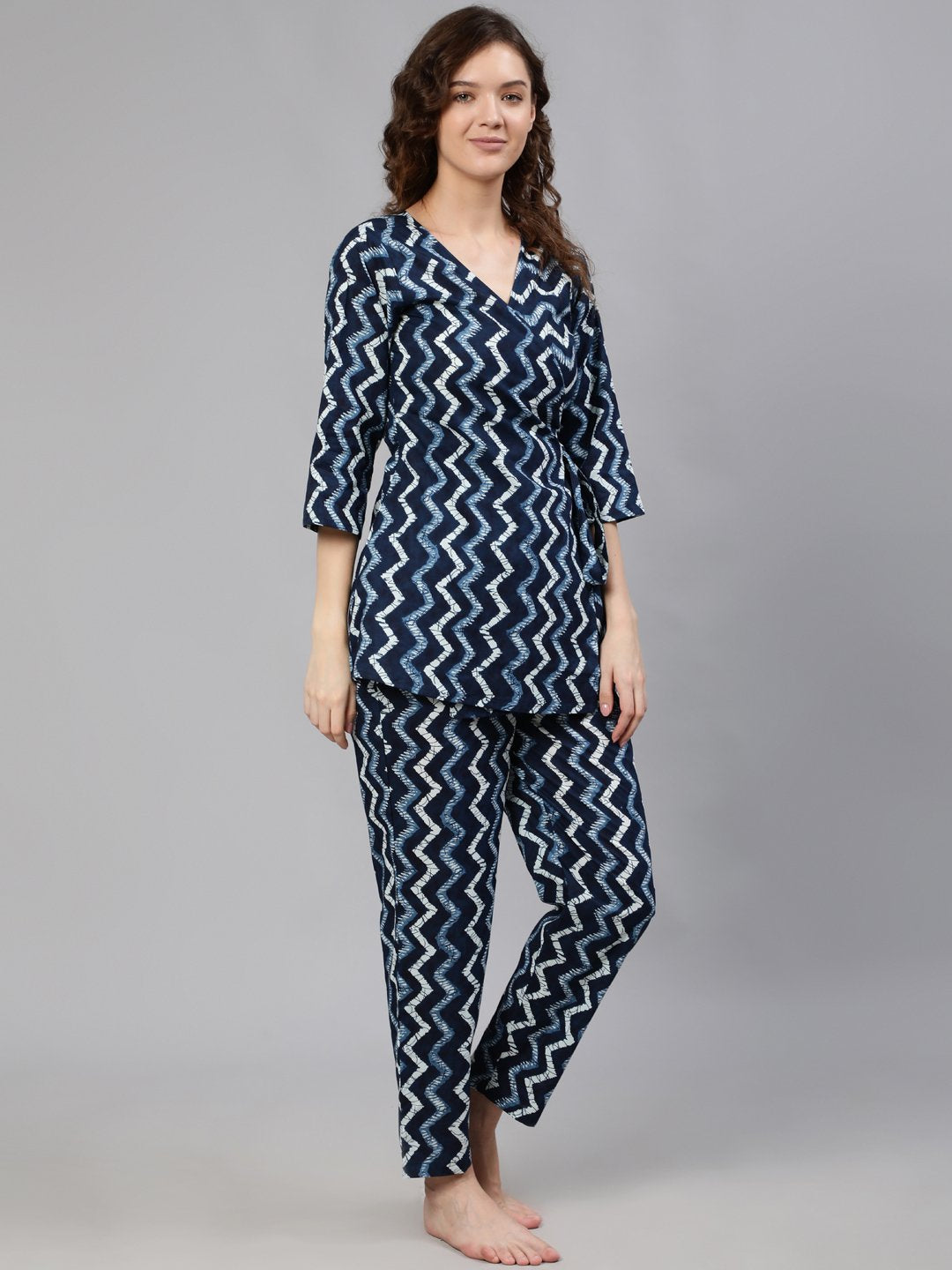 Women Navy Blue Zig-Zac Wrap Round Night Suit | LASVINI - Redefining Indian Fashion with Elegance