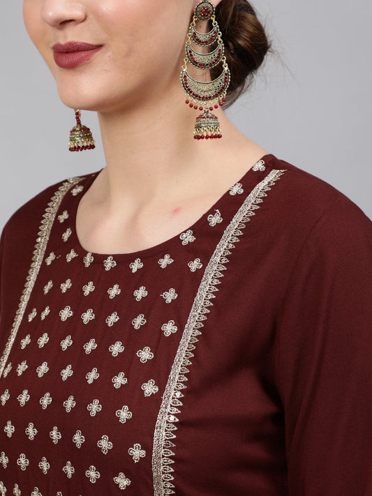Women Brown Sequinned Embroidered Straight Kurta With Plazo & Dupatta | LASVINI - Redefining Indian Fashion with Elegance