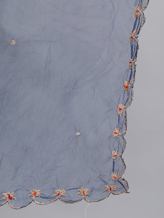 Women Navy Blue Embroidered Maxi Dress With Scalloped Dupatta | LASVINI - Redefining Indian Fashion with Elegance