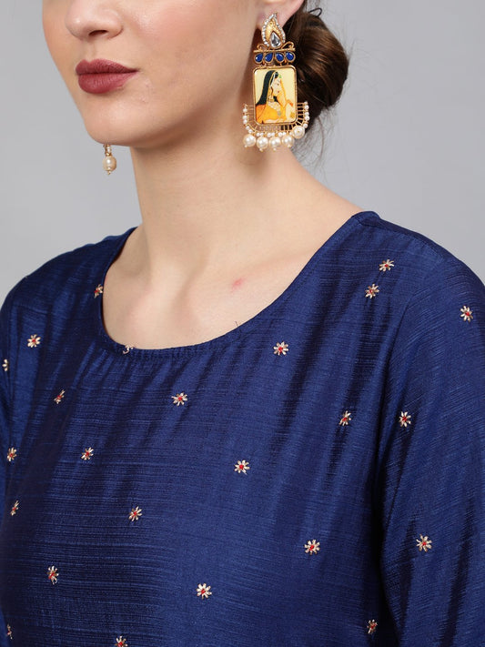 Women Blue Embroidered Straight Kurta With Plazo & Dupatta | LASVINI - Redefining Indian Fashion with Elegance