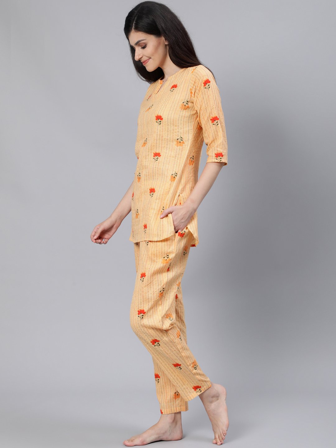 Women Light Yellow Printed Night Suit | LASVINI - Redefining Indian Fashion with Elegance