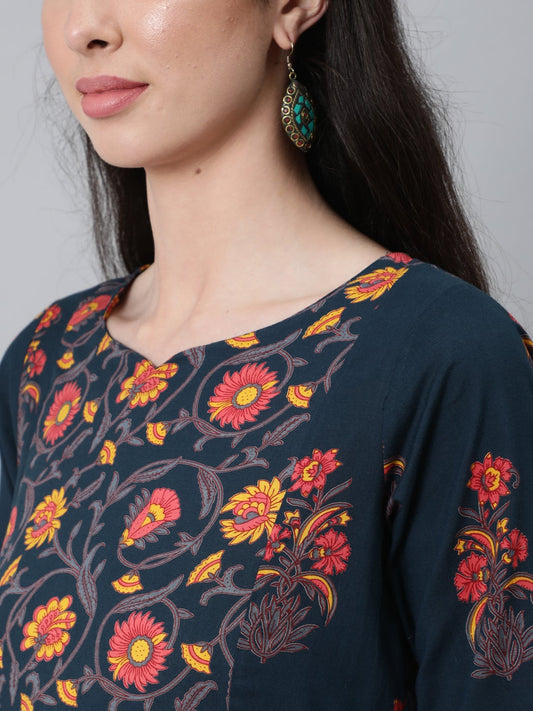 Women Blue And Pink Floral Ethnic A-Line Midi Dress | LASVINI - Redefining Indian Fashion with Elegance