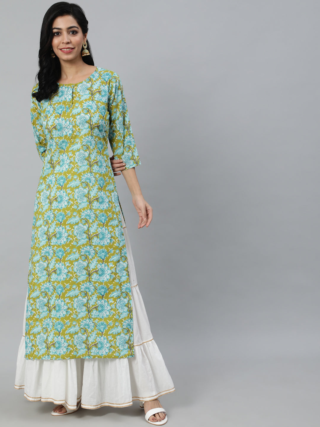 Women Green Floral Printed Straight Kurta With Three Quarter Sleeves | LASVINI - Redefining Indian Fashion with Elegance