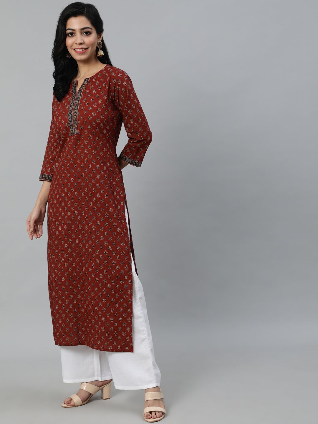 Women Maroon Printed Straight Kurta With Three Quarter Sleeves | LASVINI - Redefining Indian Fashion with Elegance