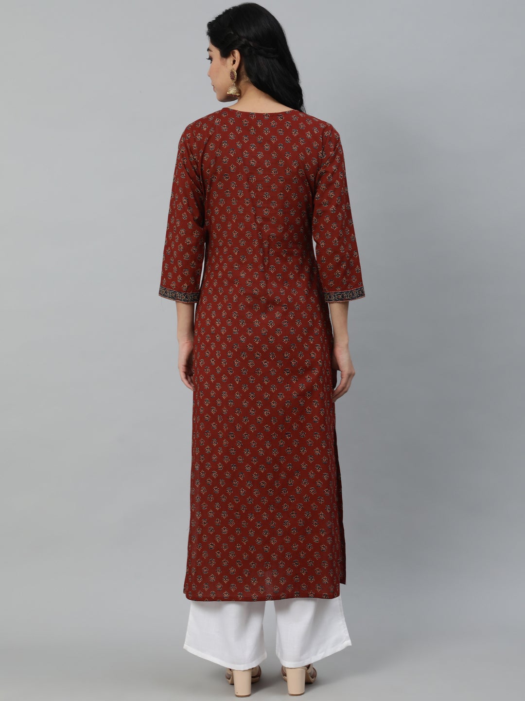 Women Maroon Printed Straight Kurta With Three Quarter Sleeves | LASVINI - Redefining Indian Fashion with Elegance