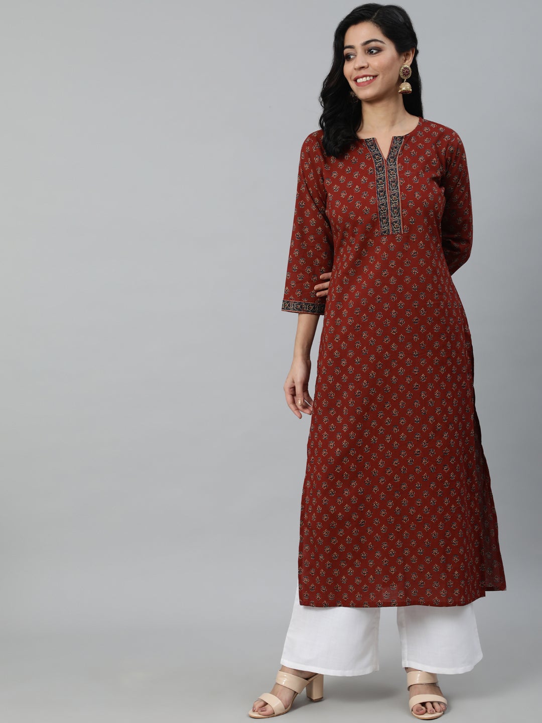 Women Maroon Printed Straight Kurta With Three Quarter Sleeves | LASVINI - Redefining Indian Fashion with Elegance