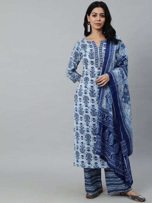 Women Blue Ethnic Motifs Printed Pleated Pure Cotton Kurta With Palazzos & Dupatta | LASVINI - Redefining Indian Fashion with Elegance