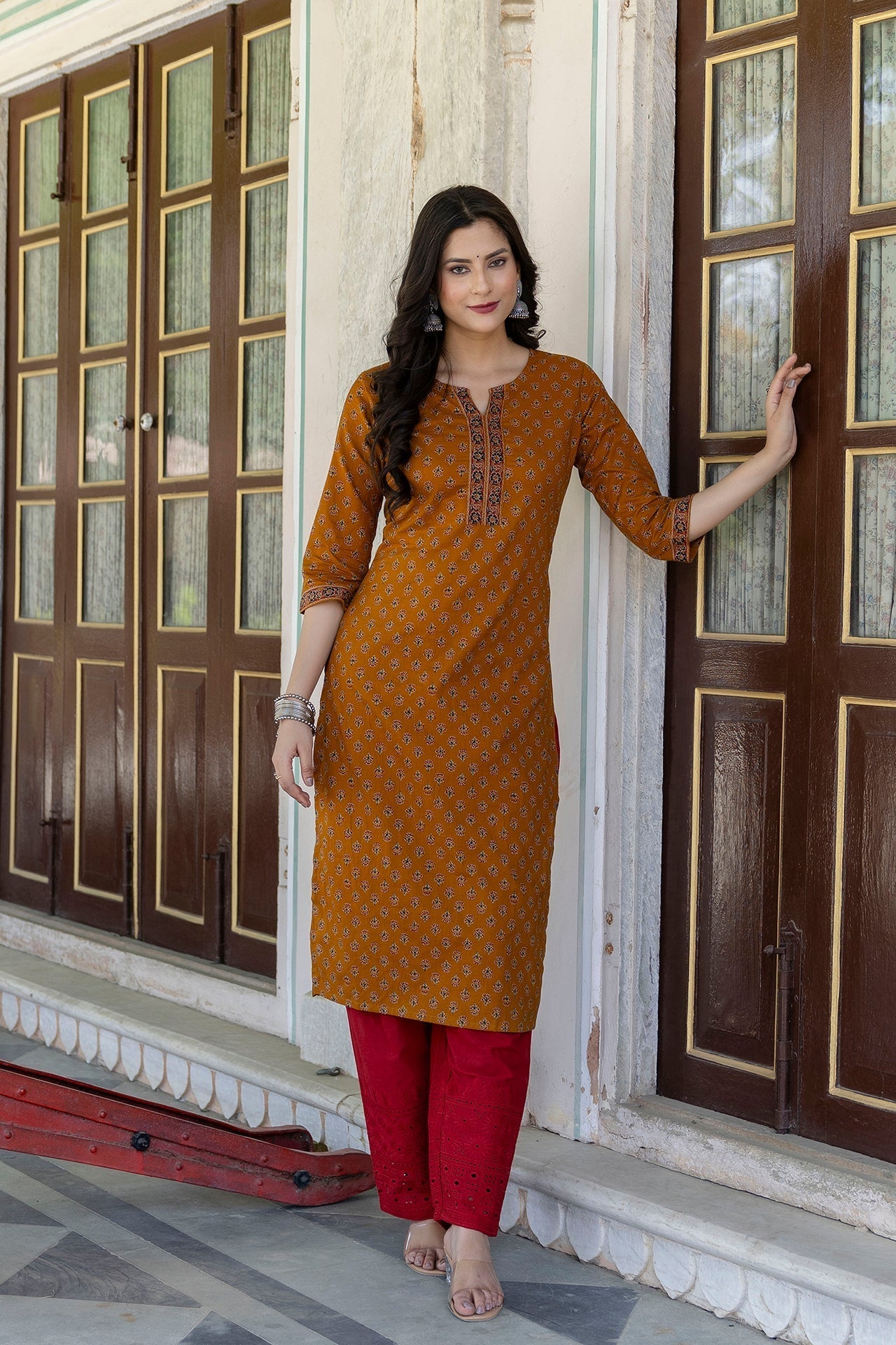 Women Mustrad Ethnic Printed Straight Kurta With Three Quarter Sleeves | LASVINI - Redefining Indian Fashion with Elegance