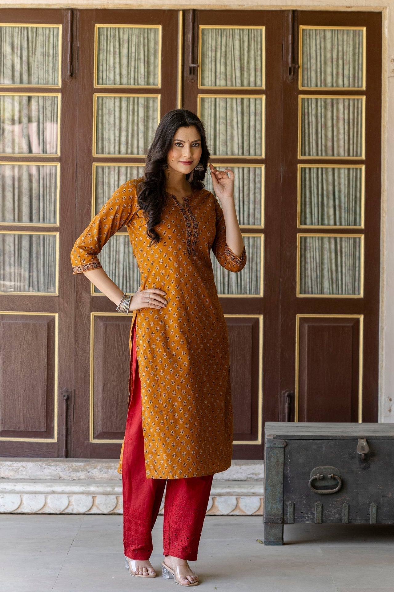 Women Mustrad Ethnic Printed Straight Kurta With Three Quarter Sleeves | LASVINI - Redefining Indian Fashion with Elegance