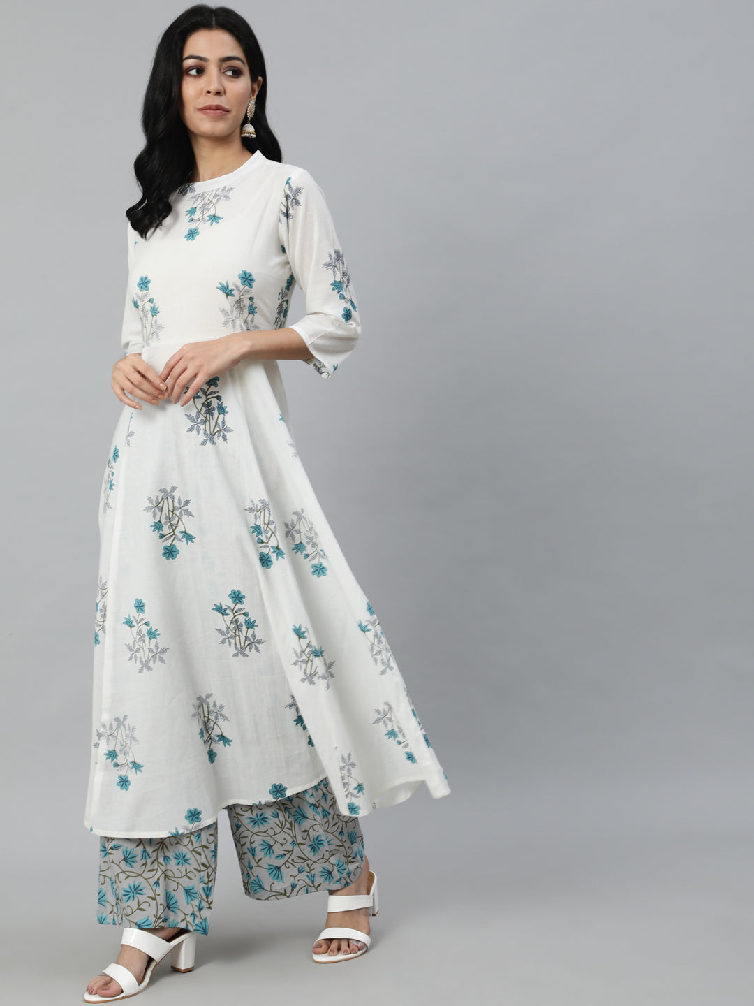 Women Off-White Printed Flared Kurta With Trouser & Dupatta | LASVINI - Redefining Indian Fashion with Elegance