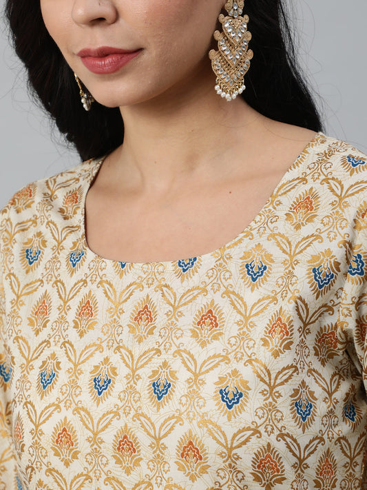 Women Cream & Gold Printed Straight Kurta With Plazo & Dupatta | LASVINI - Redefining Indian Fashion with Elegance