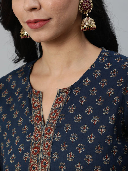 Women Navy Blue Ethnic Printed Straight Kurta With Three Quarter Sleeves | LASVINI - Redefining Indian Fashion with Elegance