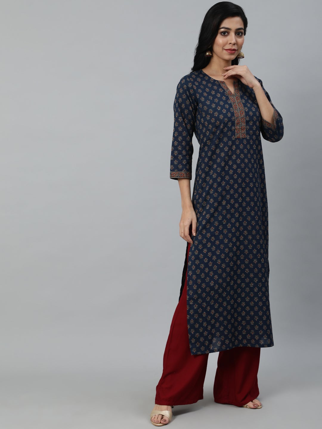 Women Navy Blue Ethnic Printed Straight Kurta With Three Quarter Sleeves | LASVINI - Redefining Indian Fashion with Elegance
