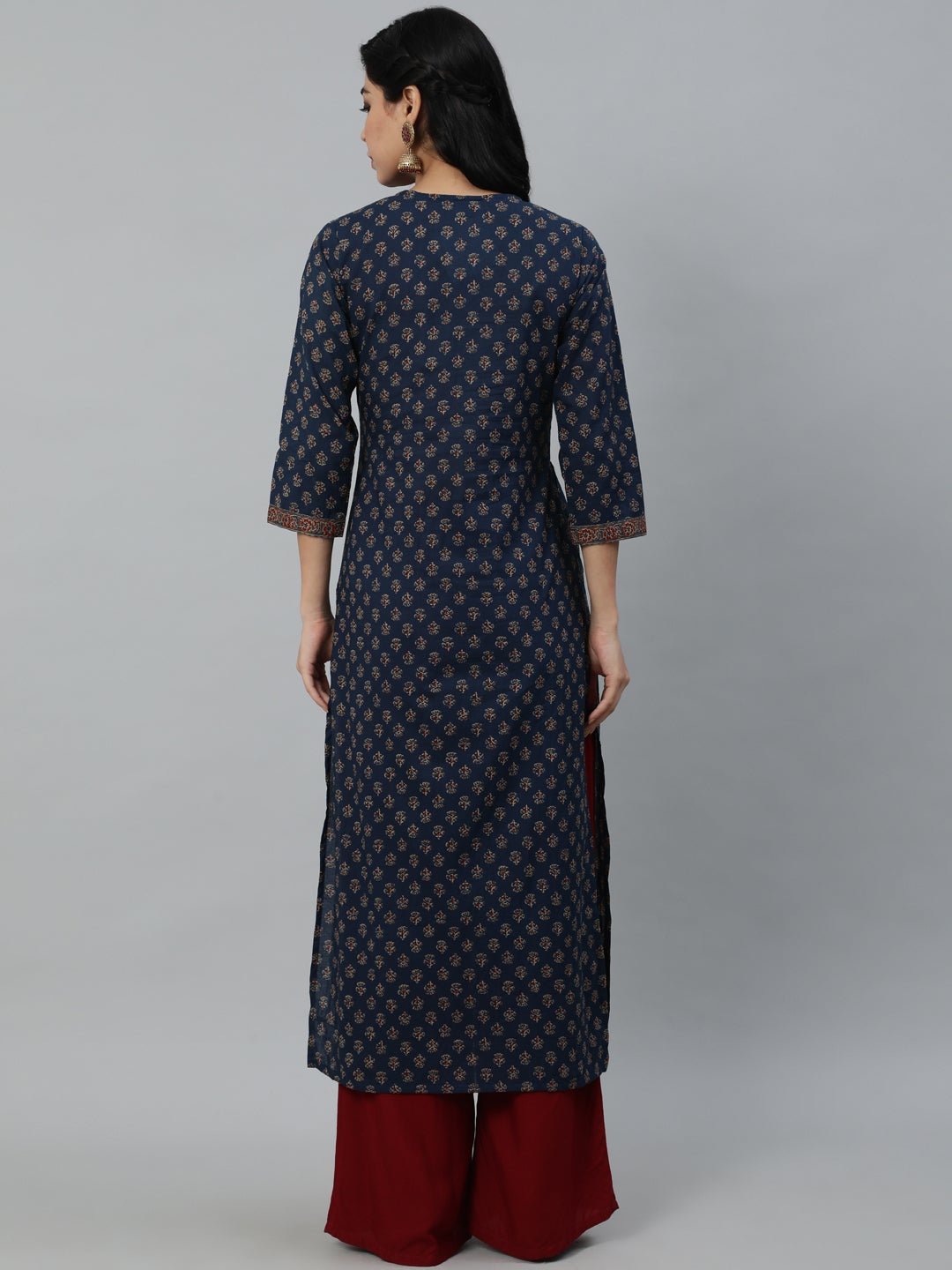 Women Navy Blue Ethnic Printed Straight Kurta With Three Quarter Sleeves | LASVINI - Redefining Indian Fashion with Elegance