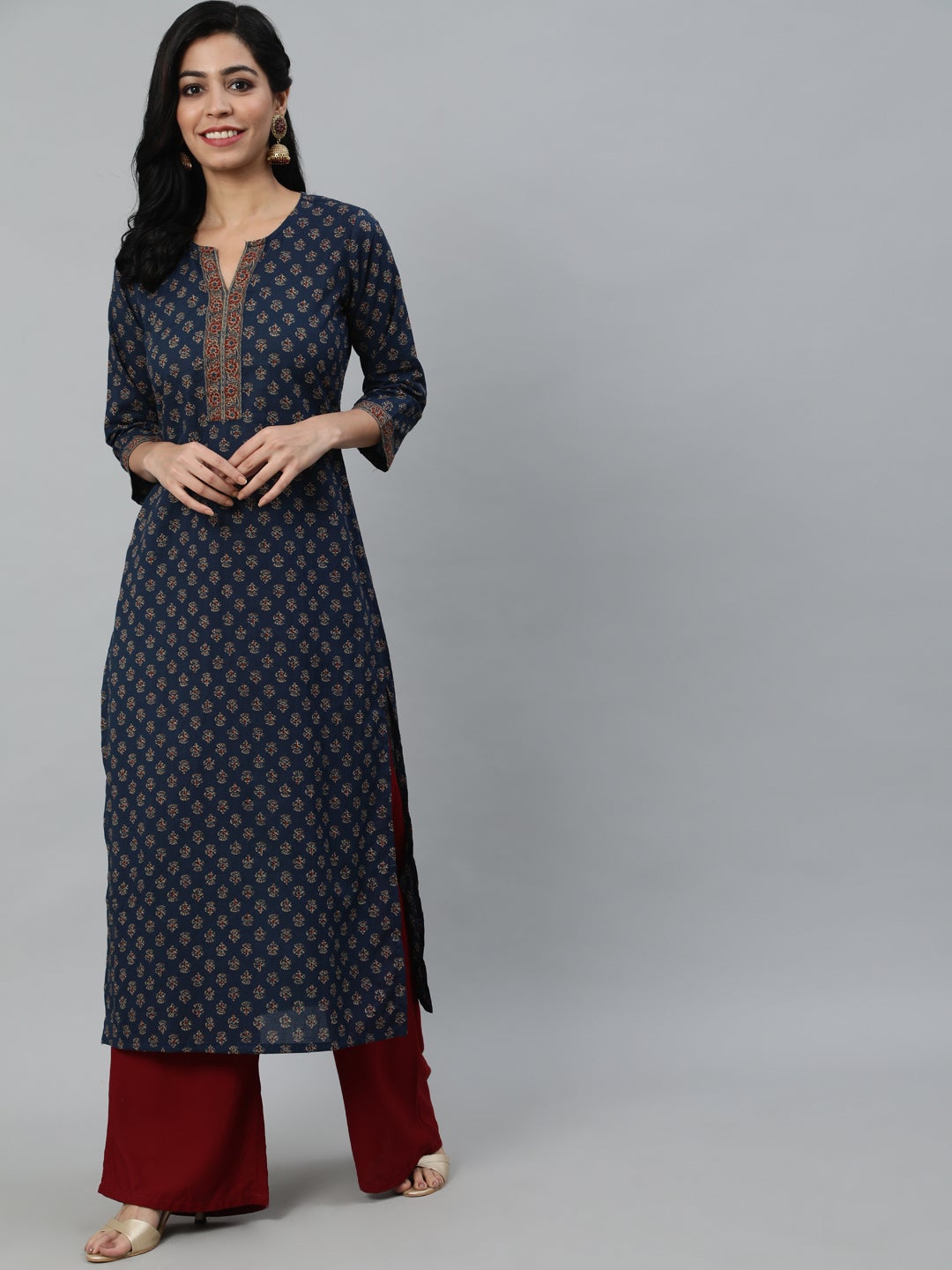 Women Navy Blue Ethnic Printed Straight Kurta With Three Quarter Sleeves | LASVINI - Redefining Indian Fashion with Elegance