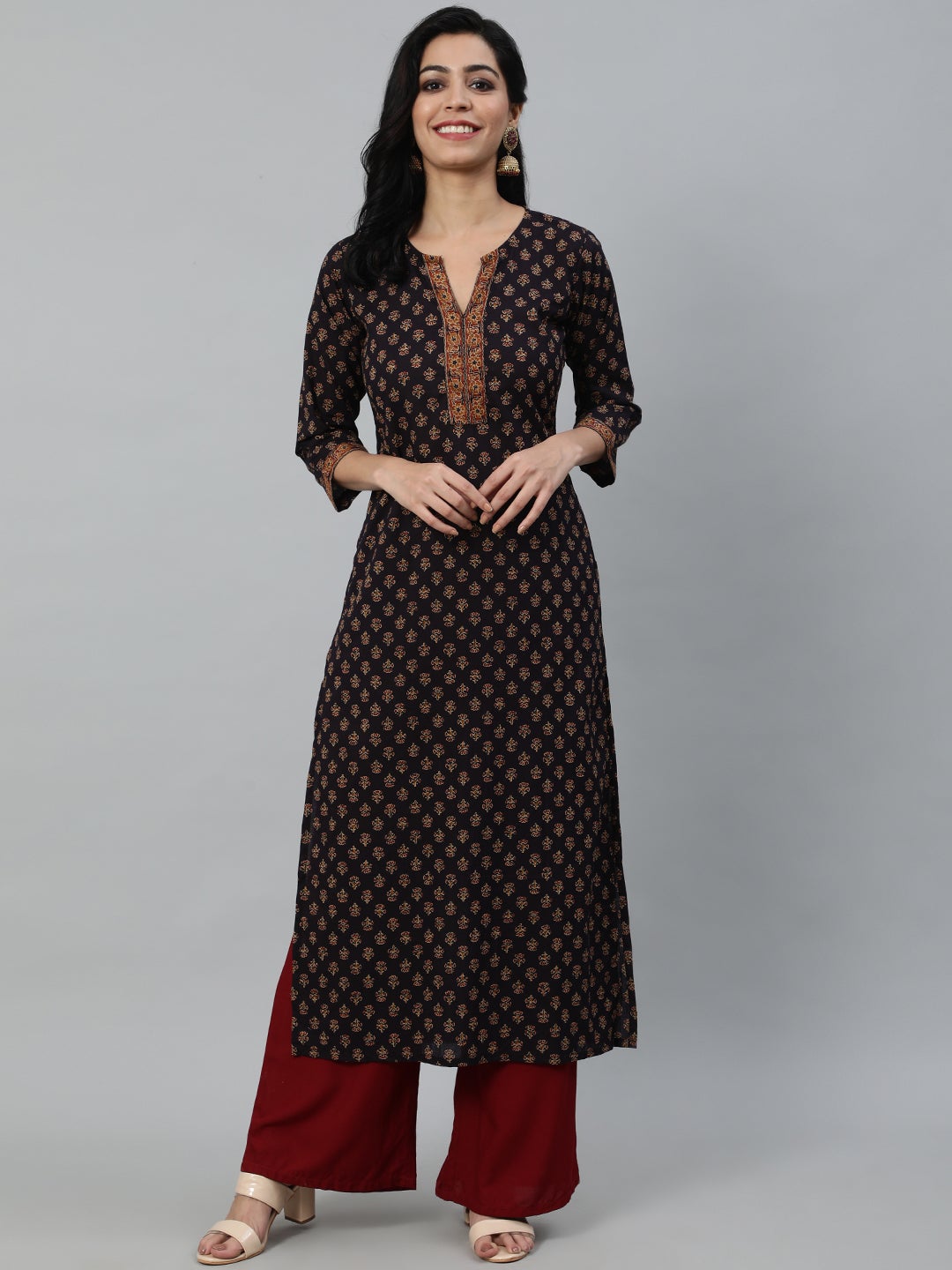Women Purple Printed Straight Kurta With Three Quarter Sleeves | LASVINI - Redefining Indian Fashion with Elegance