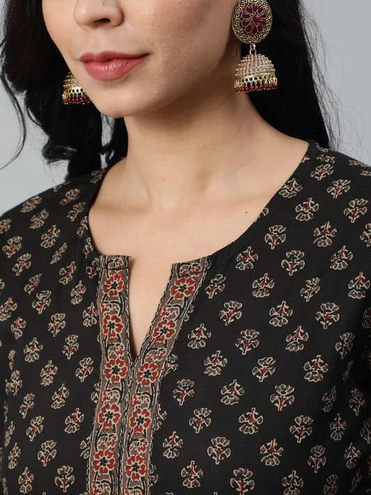Women Brown Ethnic Printed Straight Kurta With Three Quarter Sleeves | LASVINI - Redefining Indian Fashion with Elegance