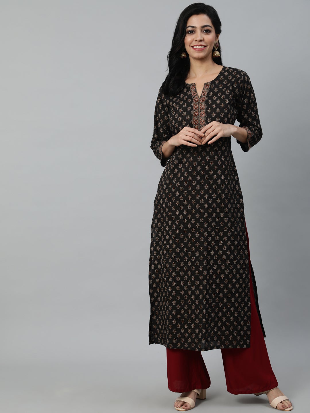 Women Brown Ethnic Printed Straight Kurta With Three Quarter Sleeves | LASVINI - Redefining Indian Fashion with Elegance