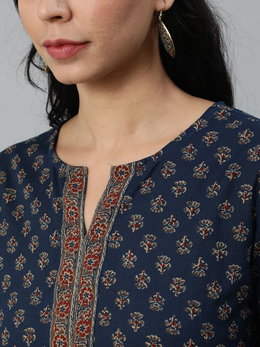Women Navy Blue And Marron Printed Tunic | LASVINI - Redefining Indian Fashion with Elegance