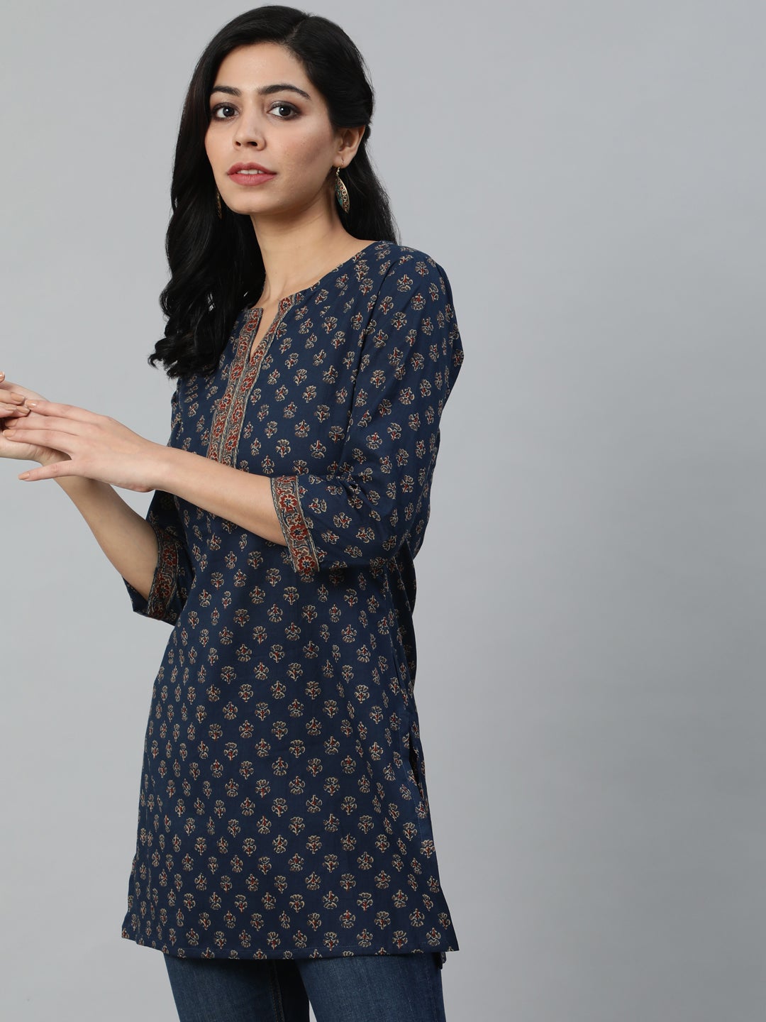 Women Navy Blue And Marron Printed Tunic | LASVINI - Redefining Indian Fashion with Elegance