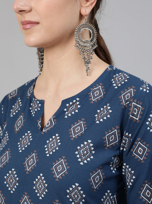 Women Blue Ethnic Printed Straight Kurta With Three Quarter Sleeves | LASVINI - Redefining Indian Fashion with Elegance
