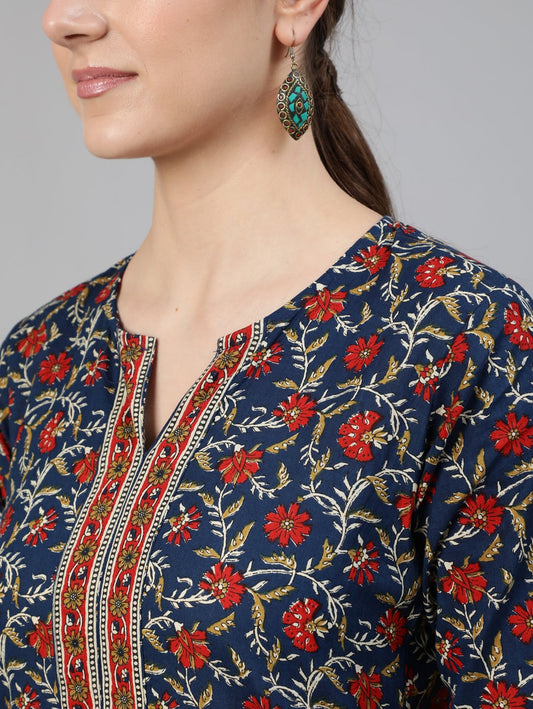 Women Blue Printed Straight Kurta With Three Quarter Sleeves | LASVINI - Redefining Indian Fashion with Elegance