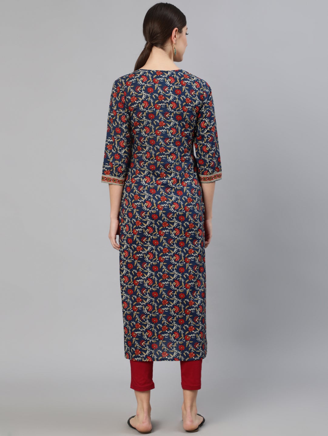 Women Blue Printed Straight Kurta With Three Quarter Sleeves | LASVINI - Redefining Indian Fashion with Elegance