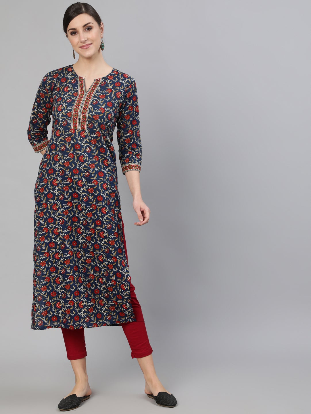 Women Blue Printed Straight Kurta With Three Quarter Sleeves | LASVINI - Redefining Indian Fashion with Elegance