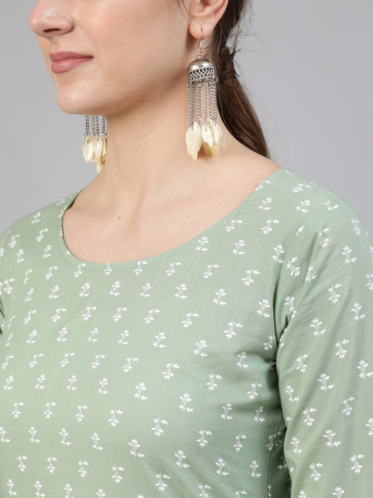 Women Sage Green Printed Straight Kurta With Three Quarter Sleevs | LASVINI - Redefining Indian Fashion with Elegance
