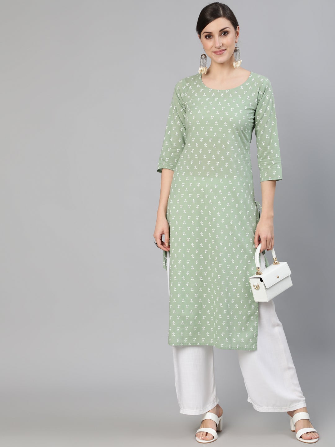 Women Sage Green Printed Straight Kurta With Three Quarter Sleevs | LASVINI - Redefining Indian Fashion with Elegance