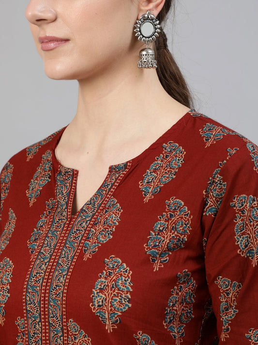 Women Maroon Printed Straight Kurta With Three Quarter Sleeves | LASVINI - Redefining Indian Fashion with Elegance