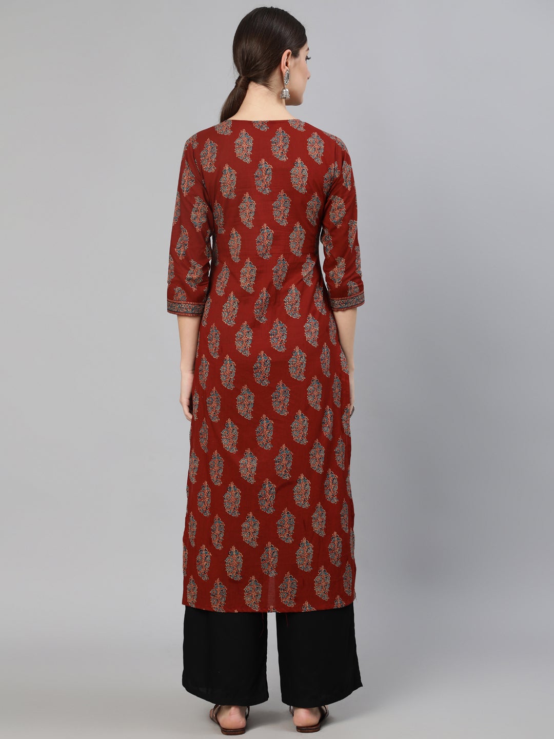 Women Maroon Printed Straight Kurta With Three Quarter Sleeves | LASVINI - Redefining Indian Fashion with Elegance