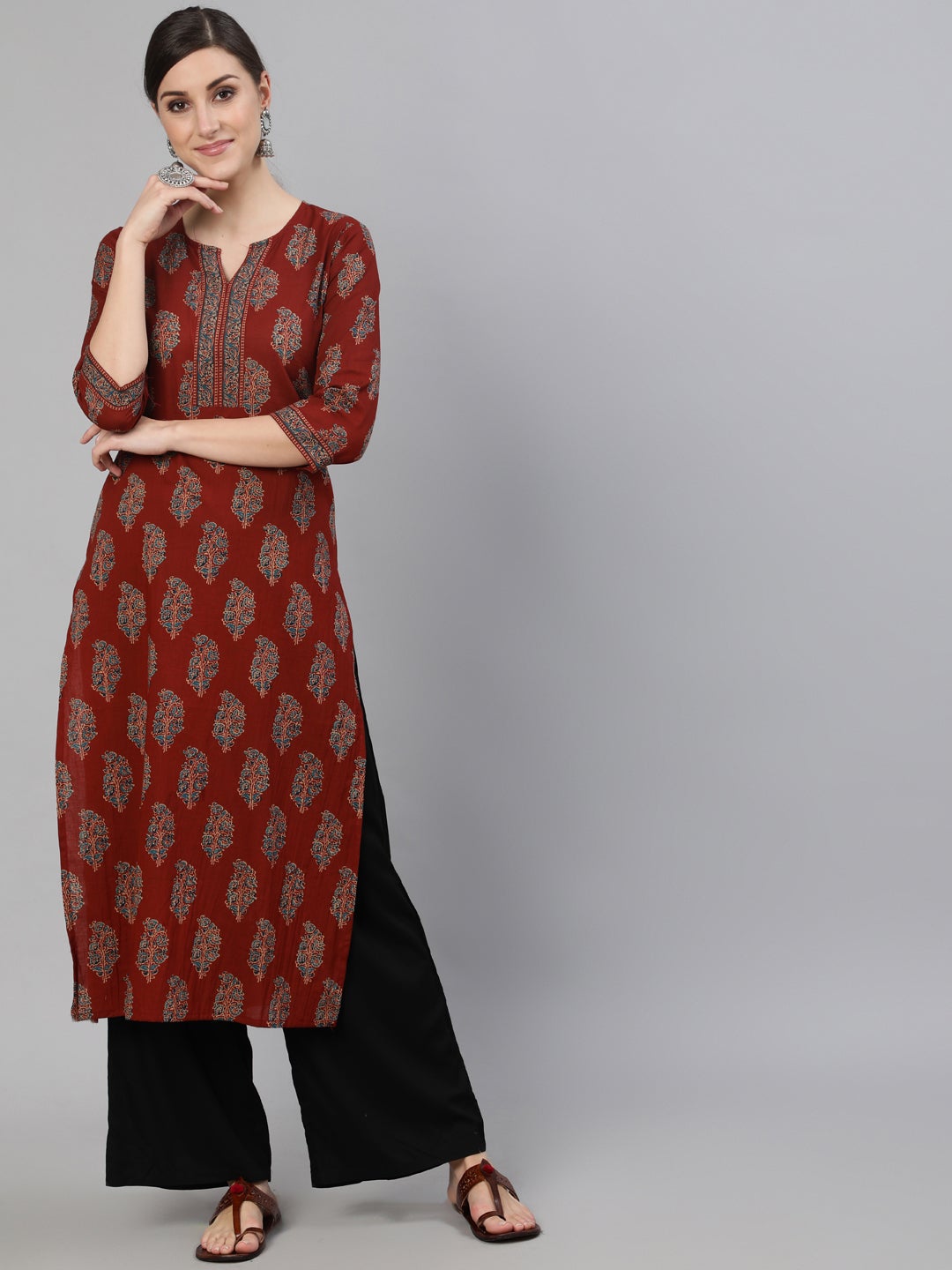Women Maroon Printed Straight Kurta With Three Quarter Sleeves | LASVINI - Redefining Indian Fashion with Elegance