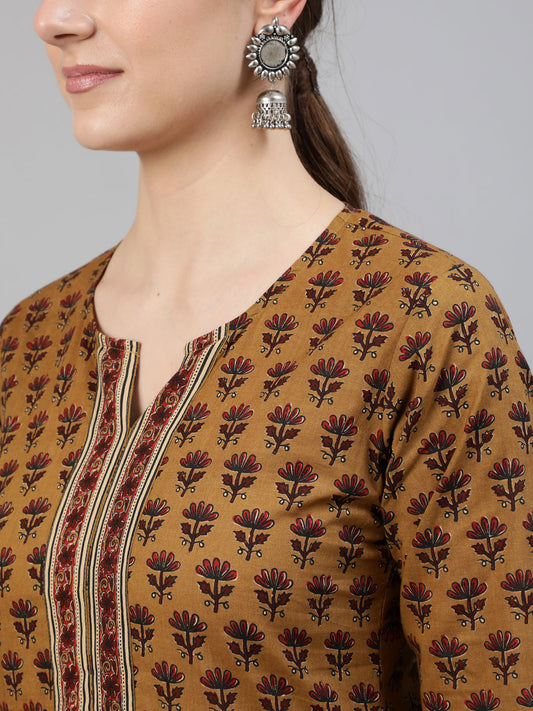Women Brown Ethnic Motifs Printed Straight Kurta With Three Quarter Sleeves | LASVINI - Redefining Indian Fashion with Elegance