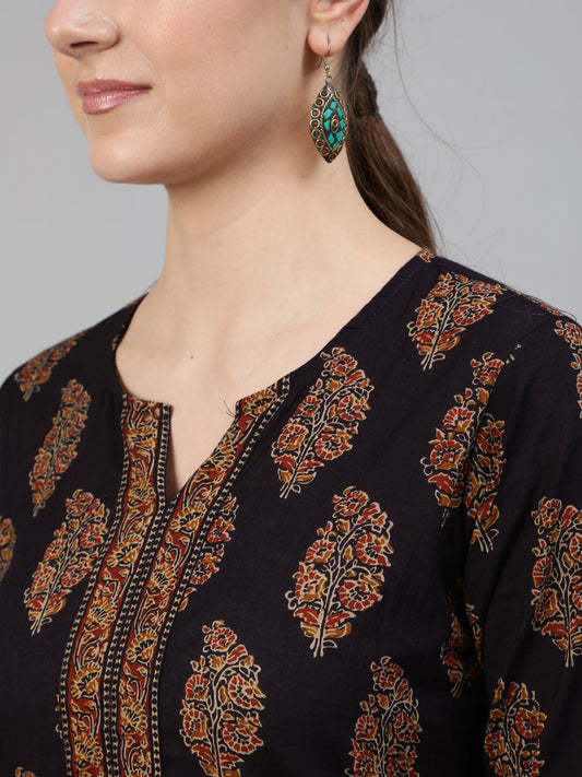 Women Black Ethnic Printed Straight Kurta With Three Quarter Sleeves | LASVINI - Redefining Indian Fashion with Elegance