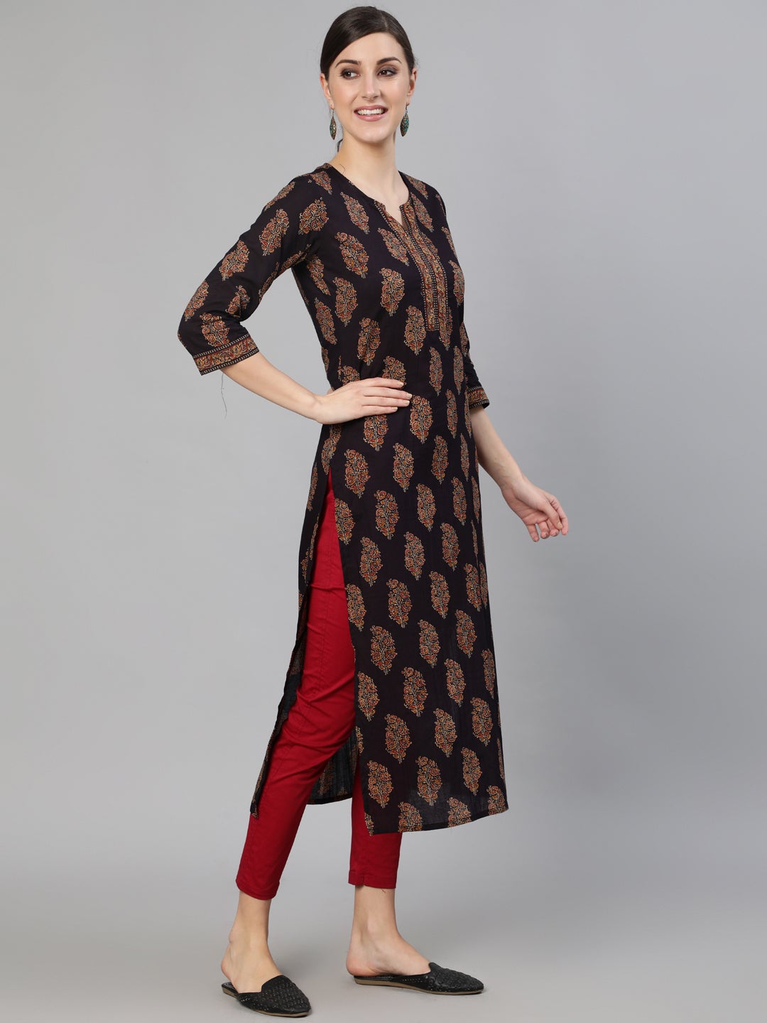 Women Black Ethnic Printed Straight Kurta With Three Quarter Sleeves | LASVINI - Redefining Indian Fashion with Elegance