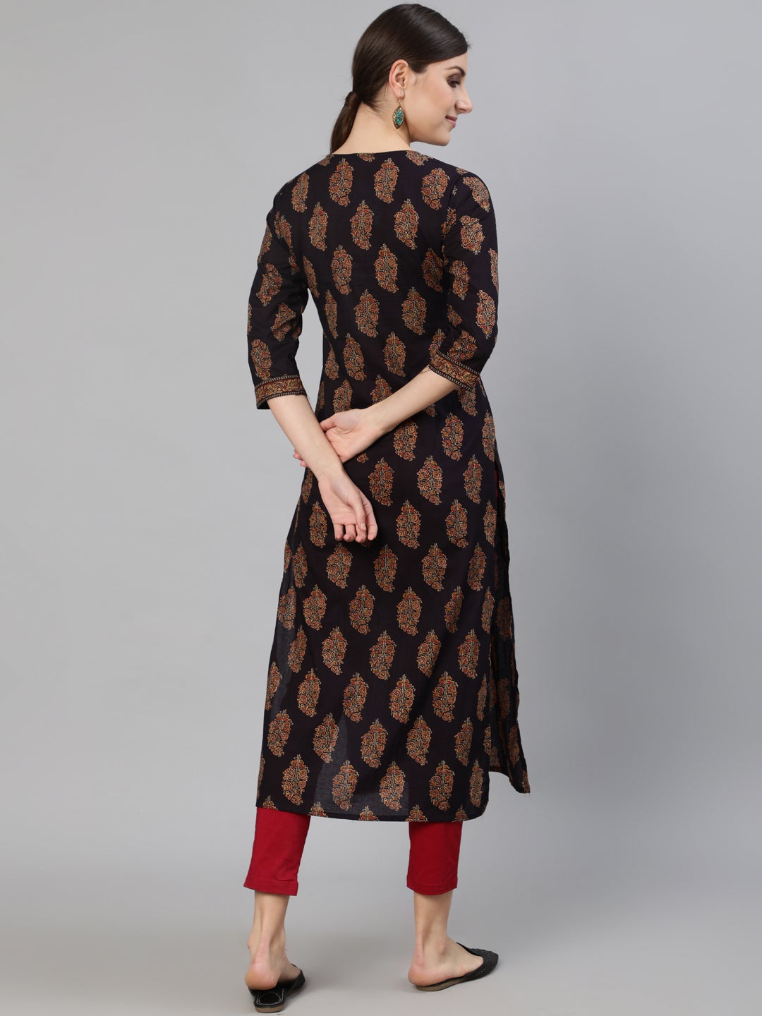Women Black Ethnic Printed Straight Kurta With Three Quarter Sleeves | LASVINI - Redefining Indian Fashion with Elegance
