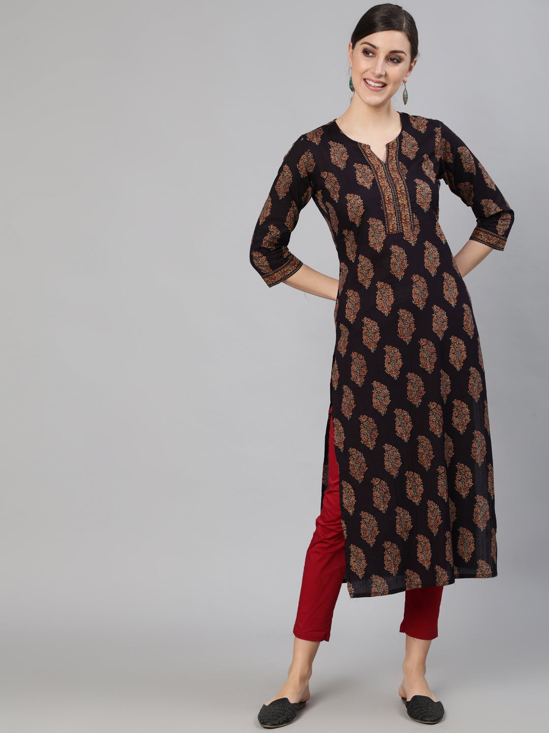 Women Black Ethnic Printed Straight Kurta With Three Quarter Sleeves | LASVINI - Redefining Indian Fashion with Elegance