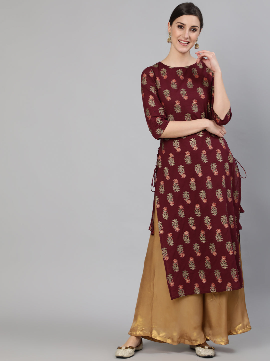 Women Burgundy Floral Printed Kurta With Tassel Detail | LASVINI - Redefining Indian Fashion with Elegance